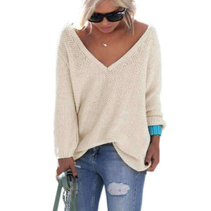 Planet Gates ON0069-pink / S Autumn Winter Full Sleeve  Knitted Sweater Women Sexy V-neck Loose Casual Female Pullover Solid Beige Gray Pink