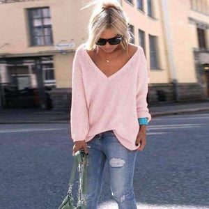 Planet Gates ON0069-pink / S Autumn Winter Full Sleeve  Knitted Sweater Women Sexy V-neck Loose Casual Female Pullover Solid Beige Gray Pink