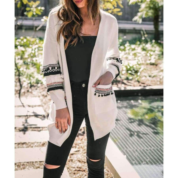 Women Long Cardigan Knitted Open Stitch Pockets Sweaters and Cardigans White Gray Sweater Female Coat 2018 Autumn
