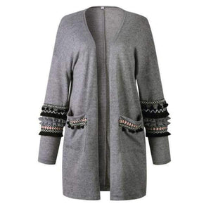 Planet Gates ON100028-Gray / L Women Long Cardigan Knitted Open Stitch Pockets Sweaters and Cardigans White Gray Sweater Female Coat 2018 Autumn
