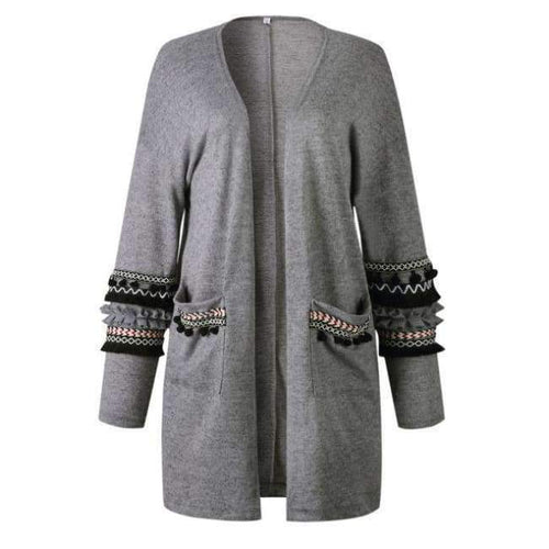 Planet Gates ON100028-Gray / L Women Long Cardigan Knitted Open Stitch Pockets Sweaters and Cardigans White Gray Sweater Female Coat 2018 Autumn