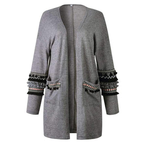 Planet Gates ON100028-Gray / L Women Long Cardigan Knitted Open Stitch Pockets Sweaters and Cardigans White Gray Sweater Female Coat 2018 Autumn
