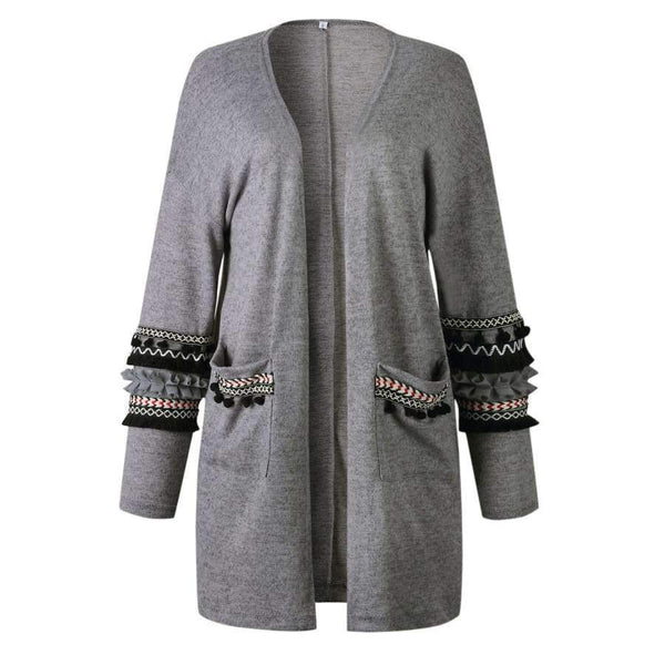 Planet Gates ON100028-Gray / L Women Long Cardigan Knitted Open Stitch Pockets Sweaters and Cardigans White Gray Sweater Female Coat 2018 Autumn