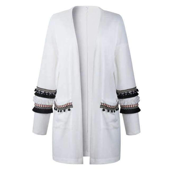 Planet Gates ON100028-White / L Women Long Cardigan Knitted Open Stitch Pockets Sweaters and Cardigans White Gray Sweater Female Coat 2018 Autumn