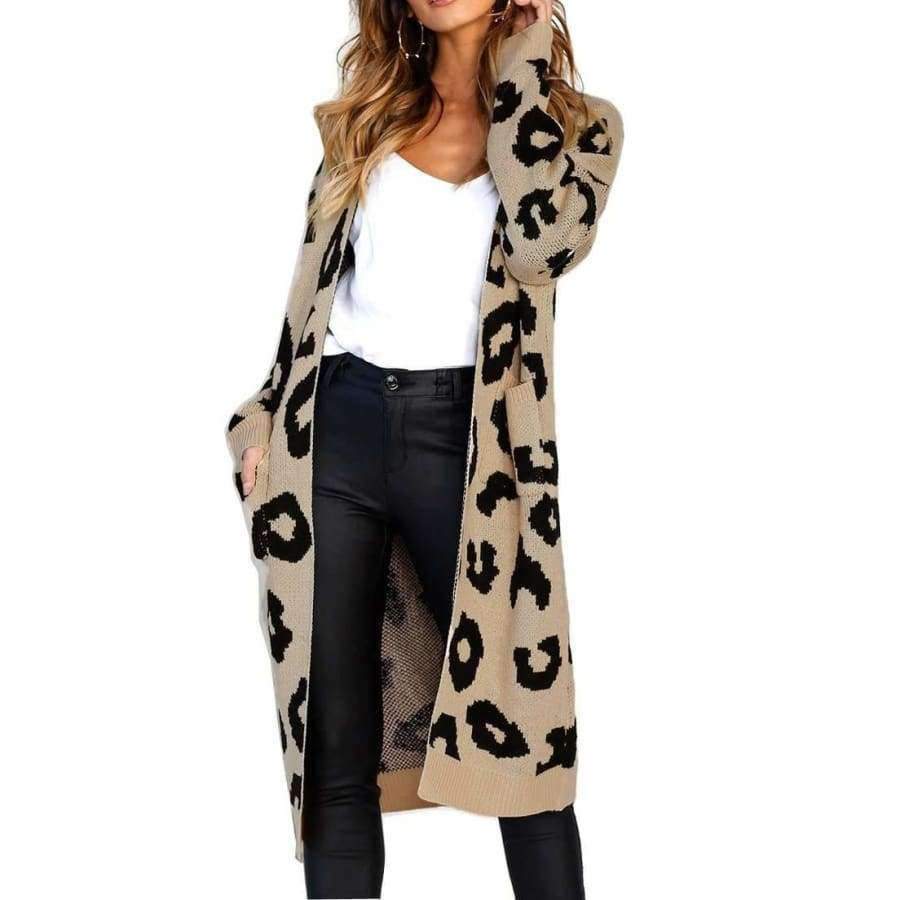 Planet Gates ON100032-apricot / L Autumn Winter Open Stitch Warm Cardigan Leopard Print Long Sleeve Sweater Knitted Female Fashion Long Sweaters Cardigans