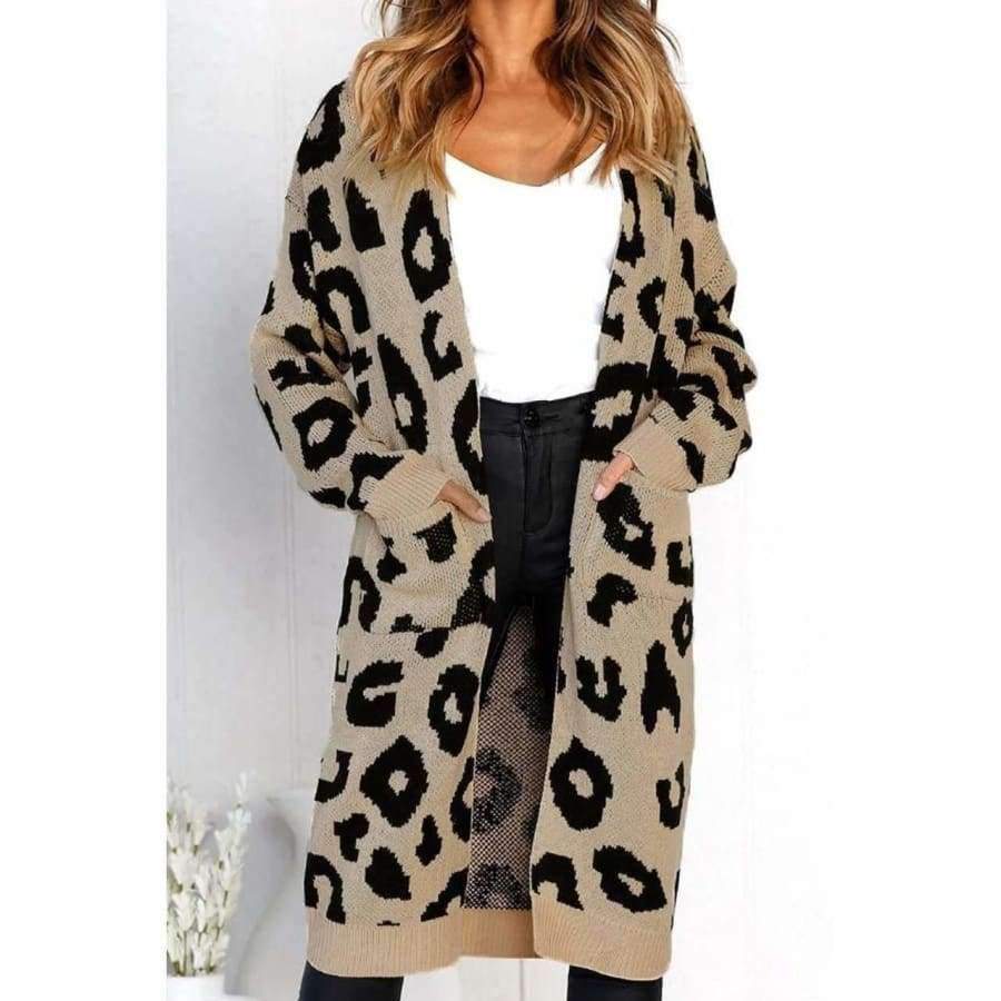 Planet Gates ON100032-apricot / L Autumn Winter Open Stitch Warm Cardigan Leopard Print Long Sleeve Sweater Knitted Female Fashion Long Sweaters Cardigans