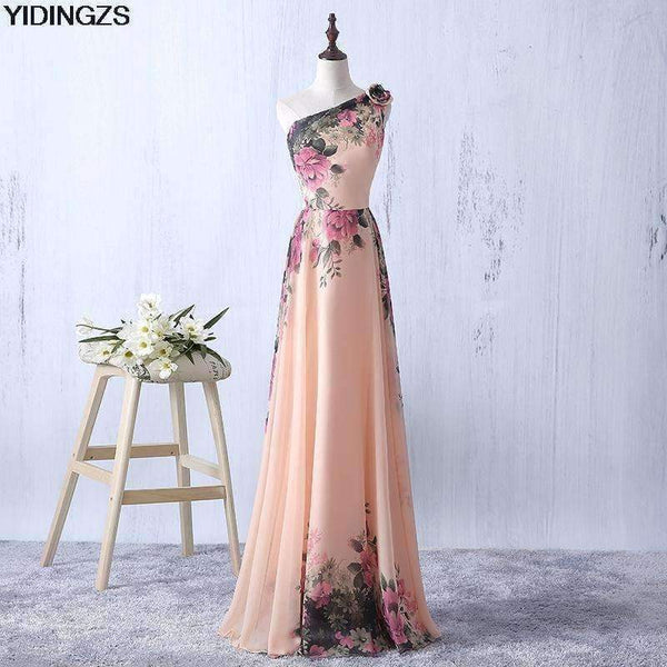Planet Gates one shoulder / 10 Flower Pattern Chiffon Bridesmaid Dress Floral Print Wedding Party Dresses 2018