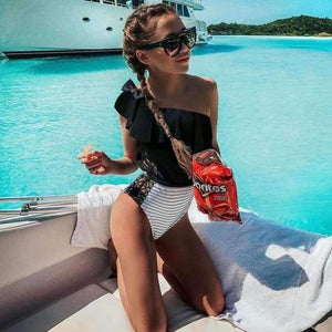 Planet Gates One-shoulder Ruffle / S One Piece Swimsuit Women 2018 Summer Beachwear Lace One Shoulder Swimwear Bathing Suits Bodysuit Monokini Swimsuit