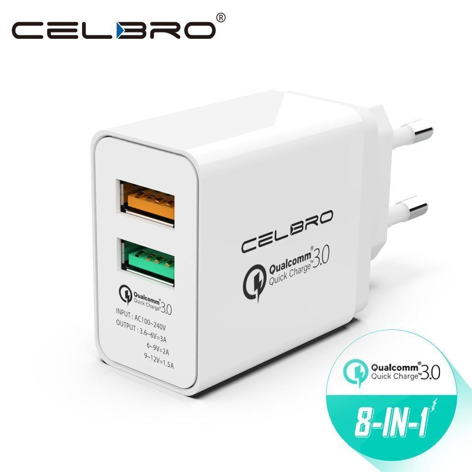 Planet Gates Only 2 cables Adapter Quick Charge 3.0 2 Port Dual Usb Fast Charger Eu Plug Travel Qualcomm Qc3.0 Charging For Mobile Phone