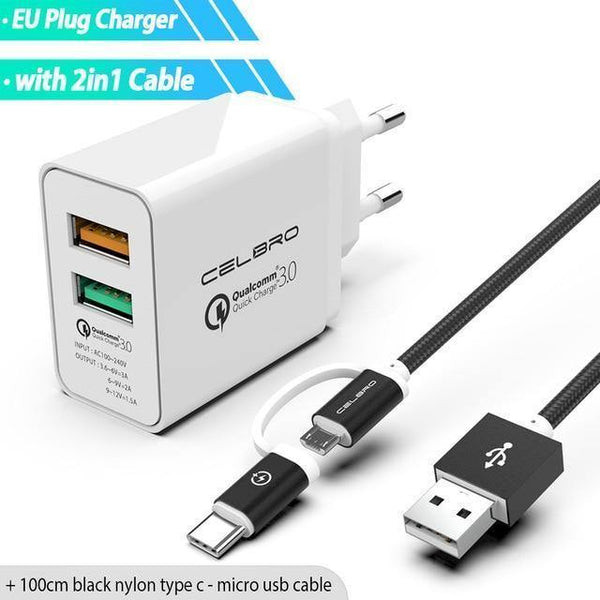 Planet Gates 1 charger 1 cable Adapter Quick Charge 3.0 2 Port Dual Usb Fast Charger Eu Plug Travel Qualcomm Qc3.0 Charging For Mobile Phone