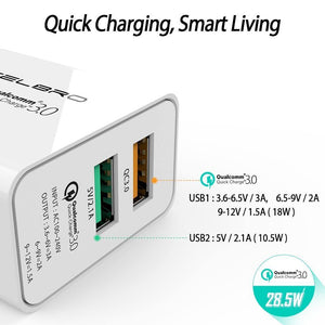 Planet Gates Only 2 cables Adapter Quick Charge 3.0 2 Port Dual Usb Fast Charger Eu Plug Travel Qualcomm Qc3.0 Charging For Mobile Phone