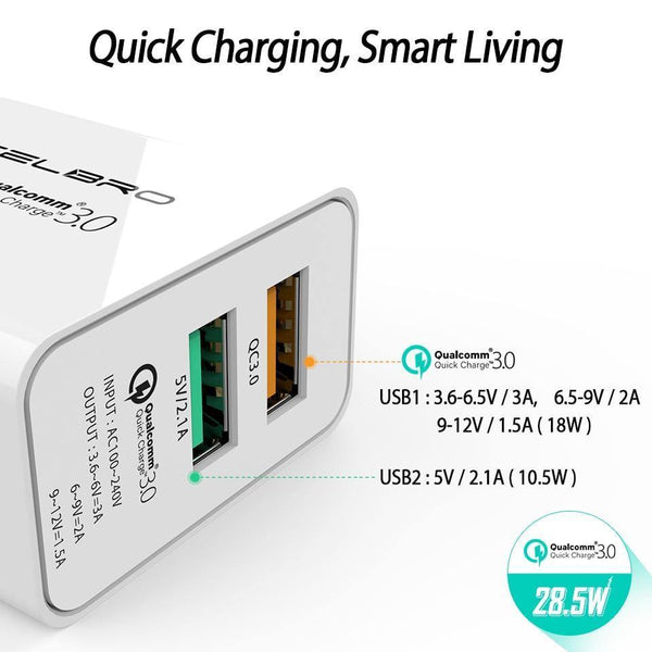 Planet Gates Only 2 cables Adapter Quick Charge 3.0 2 Port Dual Usb Fast Charger Eu Plug Travel Qualcomm Qc3.0 Charging For Mobile Phone