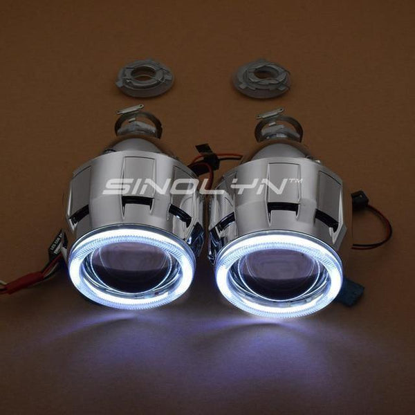Planet Gates Only White / China COB LED Angel Devil Eyes Bi xenon Lens Projector Headlight For Car Retrofit DIY W/ Daytime Running Lights 2.5'' H4 H7
