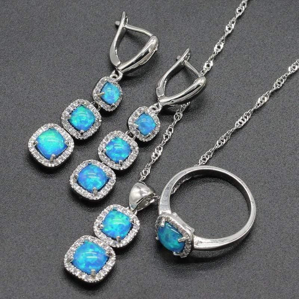 Planet Gates Opal 925 Silver Bridal Jewelry Sets Square Shape Blue White Pink Colors For Women Earrings Necklace Pendant Ring