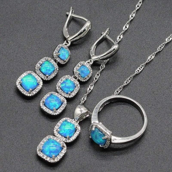 Planet Gates Opal 925 Silver Bridal Jewelry Sets Square Shape Blue White Pink Colors For Women Earrings Necklace Pendant Ring