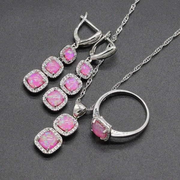 Planet Gates Opal 925 Silver Bridal Jewelry Sets Square Shape Blue White Pink Colors For Women Earrings Necklace Pendant Ring