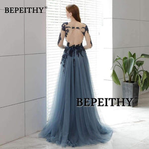 Planet Gates Open Back Long Evening Dress Full Sleeves 2018 Vintage Lace Prom Party Dresses Robe De Soiree Hot
