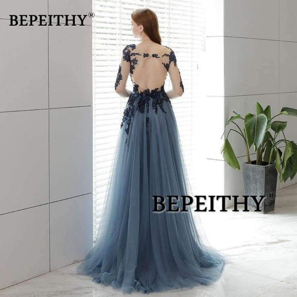 Planet Gates Open Back Long Evening Dress Full Sleeves 2018 Vintage Lace Prom Party Dresses Robe De Soiree Hot