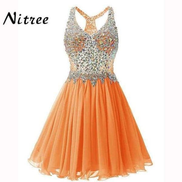 Planet Gates Orange / 2 V Neck Short Cocktail Dresses Chiffon Pleat Ruffles Beaded Crystal Rhinestone Formal Party Dress Real Picture