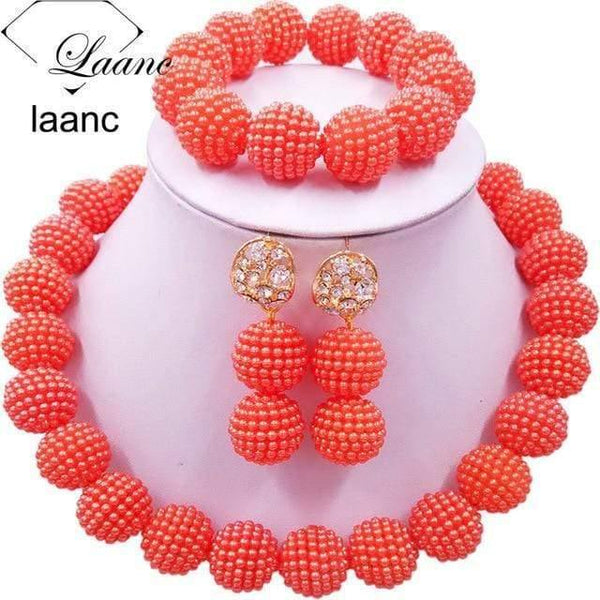 Planet Gates Orange African Beads Jewelry Set for Nigerian Wedding Simulated Pearl Necklace and Earrings SP1R004