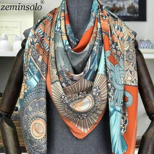 Planet Gates Orange Design Square Silk Scarf Women Foulard Printed Bandana Ladies Shawl Hijab Elegant Headband Ring Scarves Wraps 130*130cm