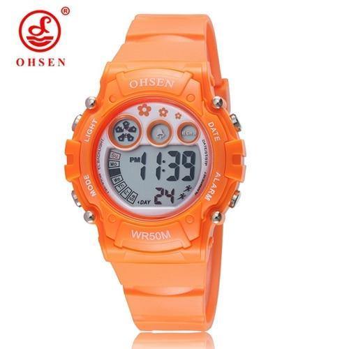 Planet Gates Orange Digital LCD kids girls Fashion Wristwatch White Silicone strap 50M Waterproof Child Boys Watches Alarm hand clocks