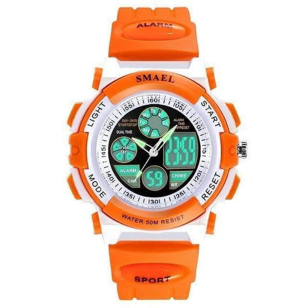 Planet Gates Orange Dual Time LCD Digital Watches Children 50M Waterproof Wristwatches Shock Resistant Free Gift Box for Watches Girls0704