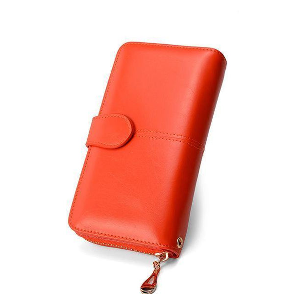Planet Gates Orange Female Purse Women Leather Wallet Long Trifold Coin Purse Card Holder Money Clutch Wristlet Multifunction Zipper
