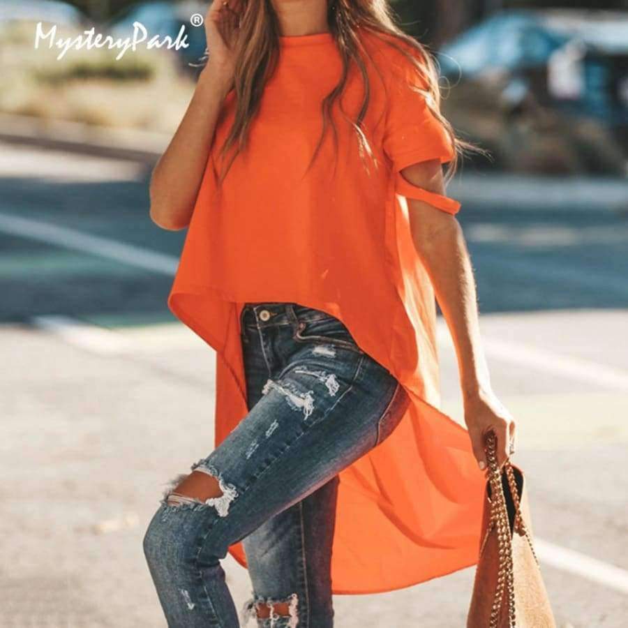 Planet Gates Orange / L Orange Asymmetrical T-shirt Solid Tee Women Street O-neck Short Sleeve Loose Top Tee 2018 Summer T-shirt ropa mujer