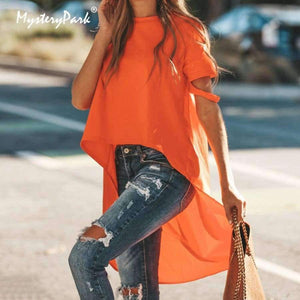 Planet Gates Orange / L Orange Asymmetrical T-shirt Solid Tee Women Street O-neck Short Sleeve Loose Top Tee 2018 Summer T-shirt ropa mujer
