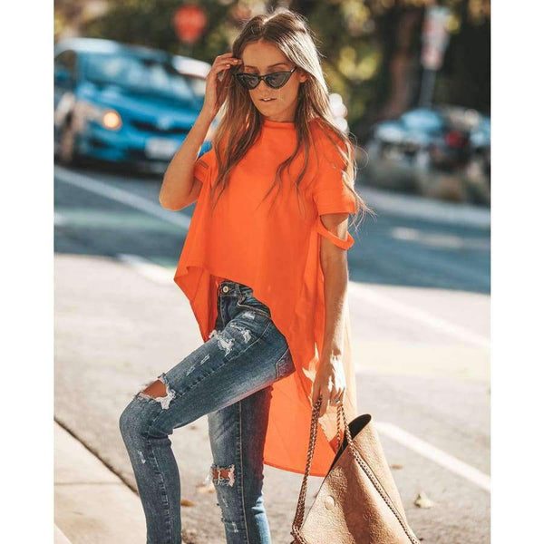 Planet Gates Orange / L Orange Asymmetrical T-shirt Solid Tee Women Street O-neck Short Sleeve Loose Top Tee 2018 Summer T-shirt ropa mujer