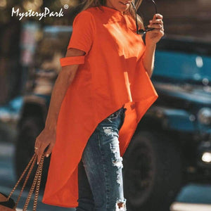 Planet Gates Orange / L Orange Asymmetrical T-shirt Solid Tee Women Street O-neck Short Sleeve Loose Top Tee 2018 Summer T-shirt ropa mujer