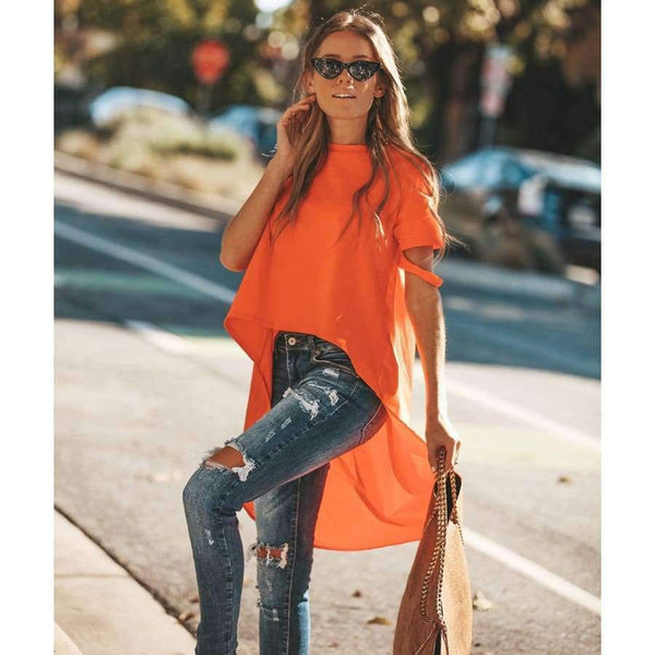 Planet Gates Orange / L Orange Asymmetrical T-shirt Solid Tee Women Street O-neck Short Sleeve Loose Top Tee 2018 Summer T-shirt ropa mujer
