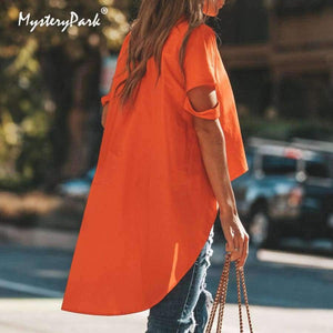 Planet Gates Orange / L Orange Asymmetrical T-shirt Solid Tee Women Street O-neck Short Sleeve Loose Top Tee 2018 Summer T-shirt ropa mujer