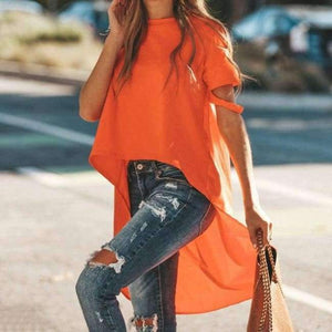 Planet Gates Orange / L Orange Asymmetrical T-shirt Solid Tee Women Street O-neck Short Sleeve Loose Top Tee 2018 Summer T-shirt ropa mujer