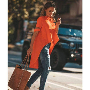 Planet Gates Orange / L Orange Asymmetrical T-shirt Solid Tee Women Street O-neck Short Sleeve Loose Top Tee 2018 Summer T-shirt ropa mujer
