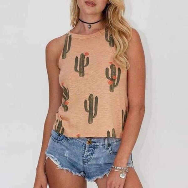 Planet Gates Orange / L Summer Fashion Women O-neck Tops Cactus Pattern Printed Sleeveless Casual Tank Top Vest Female Camisole Tee