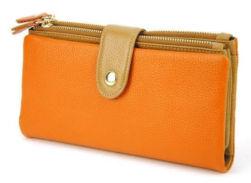 Planet Gates Orange Leather Clutch Wallet Cellphone Mobile Purse Credit Card Holder ID Photo Window Organizer Lady Bag Snap Fashion
