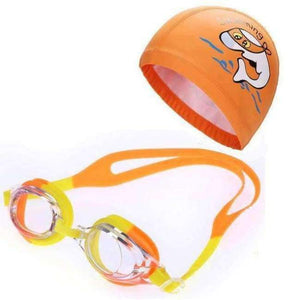 Planet Gates Orange / One Size Children Anti Fog UV Protection Waterproof Silicone Swimming Goggles Glasses Eyewear & PU Fabric Dolphin Swim Cap Hat Set