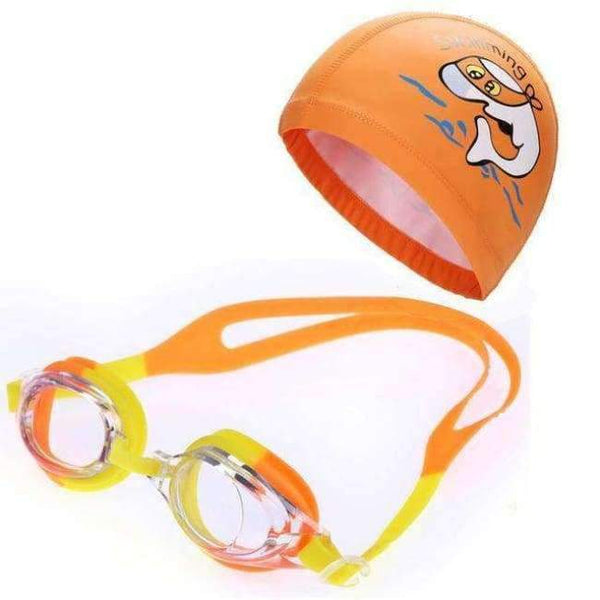 Planet Gates Orange / One Size Children Anti Fog UV Protection Waterproof Silicone Swimming Goggles Glasses Eyewear & PU Fabric Dolphin Swim Cap Hat Set