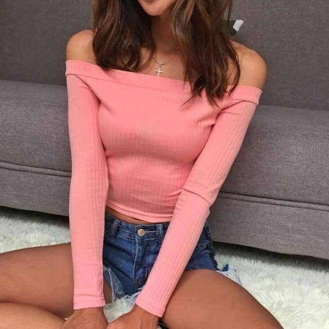 Planet Gates Off shoulder crop top t shirts hot sale long sleeve solid short t-shirts for women clothing fashion slim t-shirt