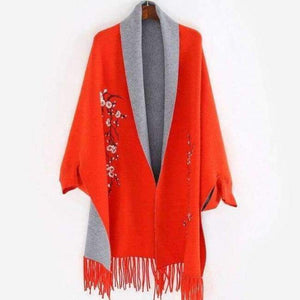 Planet Gates Orange red / 190cmX65cm Design with sleeve Poncho scarf winter warm  cashmere Embroidery Cape tassel Blanket wrapped scarf shawl For Women