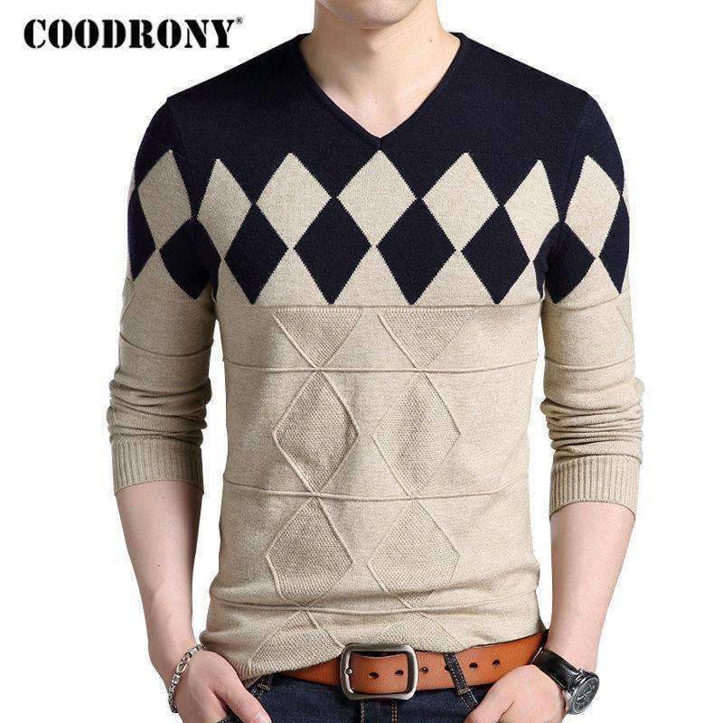 Planet Gates Orange / S COODRONY Cashmere Wool Sweater Men 2018 Autumn Winter Slim Fit Pullovers Men Argyle Pattern V-Neck Pull Homme Christmas Sweaters