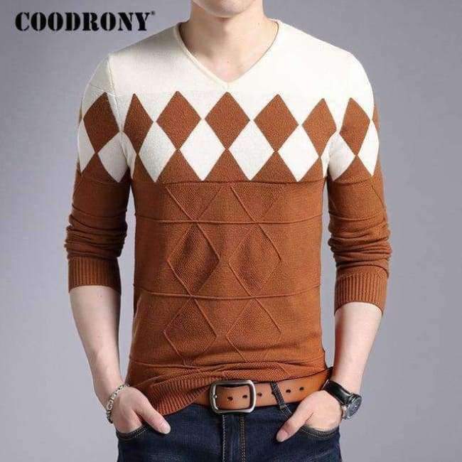 Planet Gates Orange / S COODRONY Cashmere Wool Sweater Men 2018 Autumn Winter Slim Fit Pullovers Men Argyle Pattern V-Neck Pull Homme Christmas Sweaters