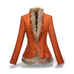 Planet Gates Orange / S Winter Womens Leather Coat With Button Faux Fur jacket Fashion Short Slim Warm Faux leather jackets Women Orange Coffee