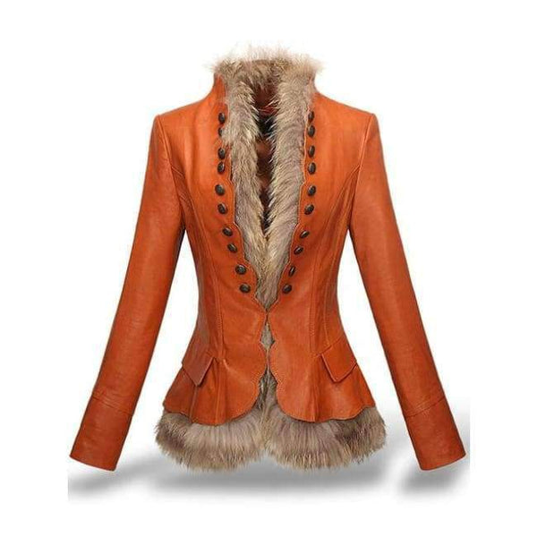 Planet Gates Orange / S Winter Womens Leather Coat With Button Faux Fur jacket Fashion Short Slim Warm Faux leather jackets Women Orange Coffee