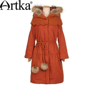 Womens Winter Parkas Raccoon Fur Hooded Winter Jacket For Women Lantern Sleeve Thick Warm Long Coat With Belt Ma10152D