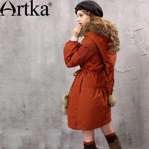 Planet Gates Orange / S Women's Winter Parkas Raccoon Fur Hooded Winter Jacket For Women Lantern Sleeve Thick Warm Long Coat With Belt MA10152D