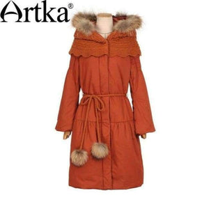 Planet Gates Orange / S Women's Winter Parkas Raccoon Fur Hooded Winter Jacket For Women Lantern Sleeve Thick Warm Long Coat With Belt MA10152D