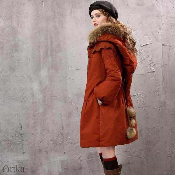 Planet Gates Orange / S Women's Winter Parkas Raccoon Fur Hooded Winter Jacket For Women Lantern Sleeve Thick Warm Long Coat With Belt MA10152D